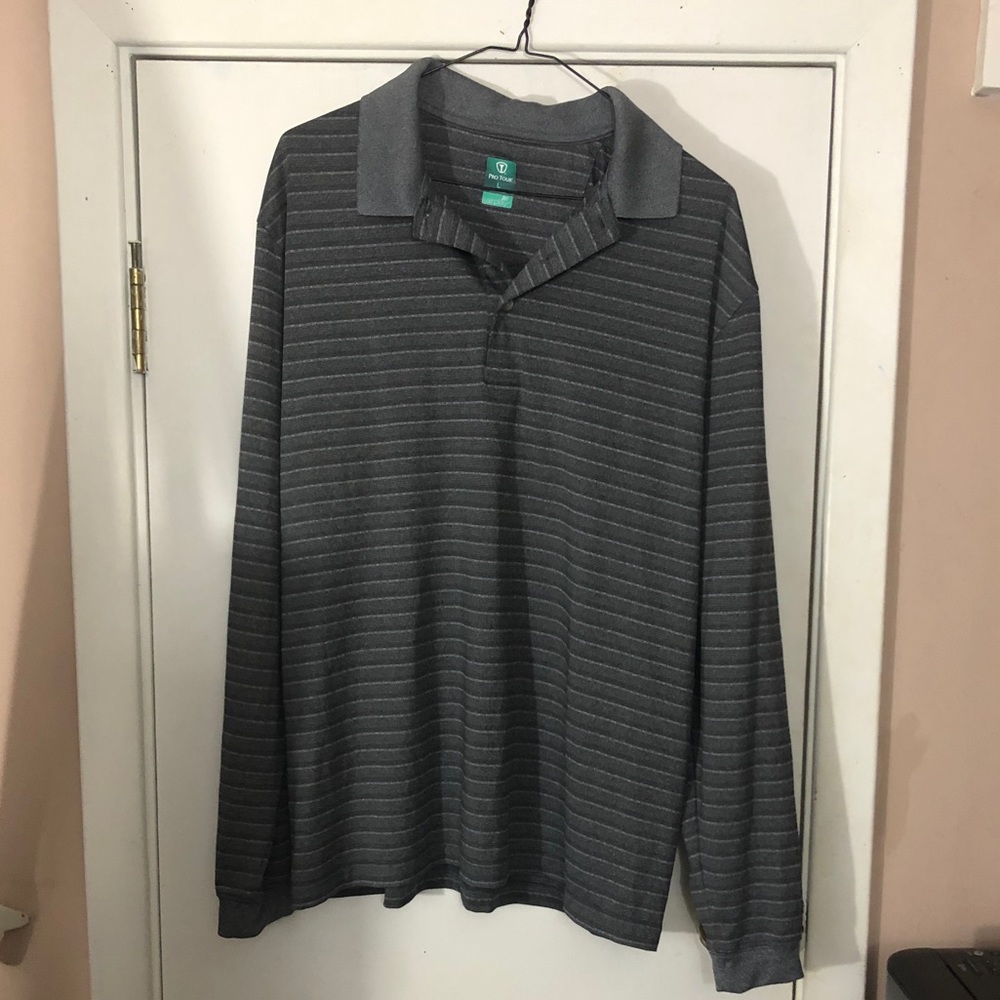 ProTour mens Airplay long sleeve striped performance polo golf shirt Large gray